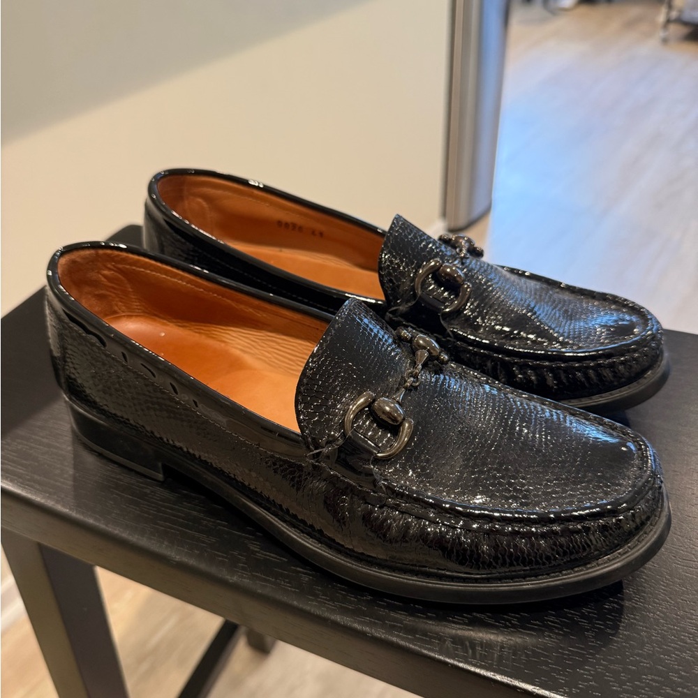 Glossy Black Italian Loafers with Buckle Detail